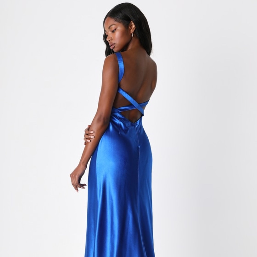 Lulus Perfectly Classy Royal Blue Satin Strappy Maxi Dress - Size M